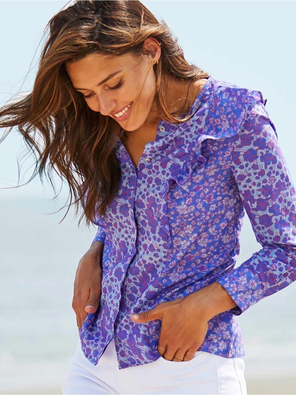 VINEYARD VINES purple blue floral ruffle-trim long sleeve cotton top NEW size 00